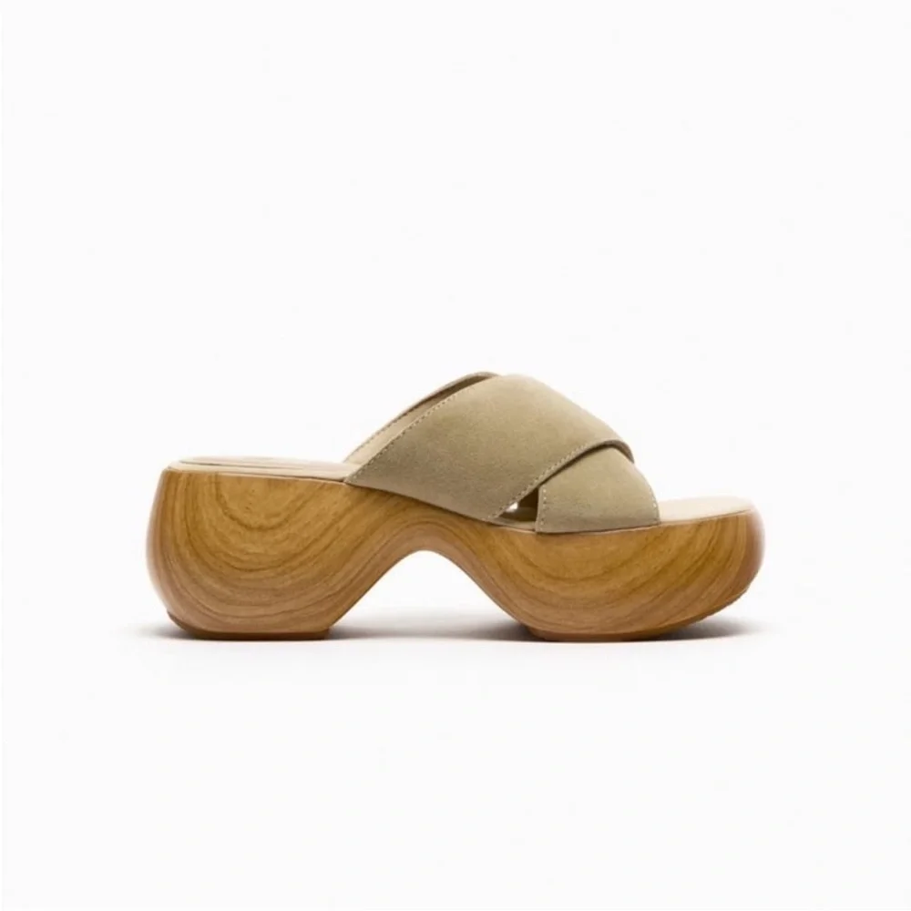 Zara Platform Tan Air Fit Cow Leather Upper Sandal Clogs Sz. 8 - Picture 3 of 15